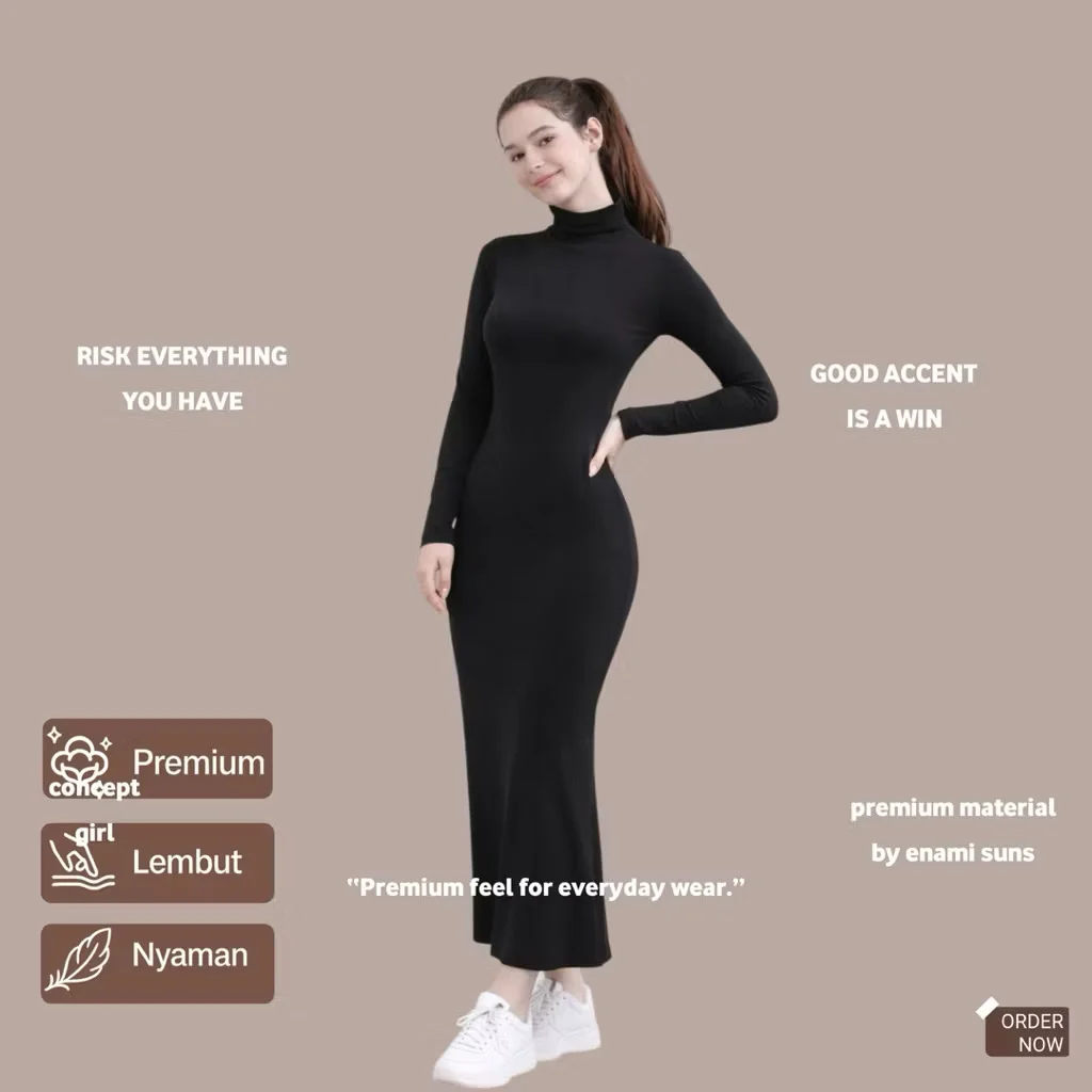 Manset Gamis Terusan Lengan Panjang Rayon Spandex Premium / Inner Dress Muslimah / Dalaman Gamis High Neck